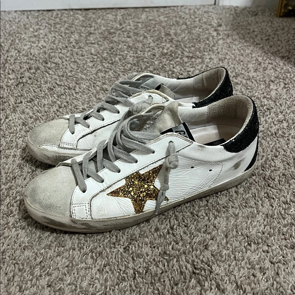 Golden Goose Super Star Black and Gold Glitter Lace Up Sneakers Size 38 - Picture 6 of 12